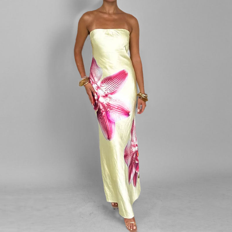 Women’s Maxi Dress – Strapless Slim Fit – Floral Print – Lightweight Flowing Fabric