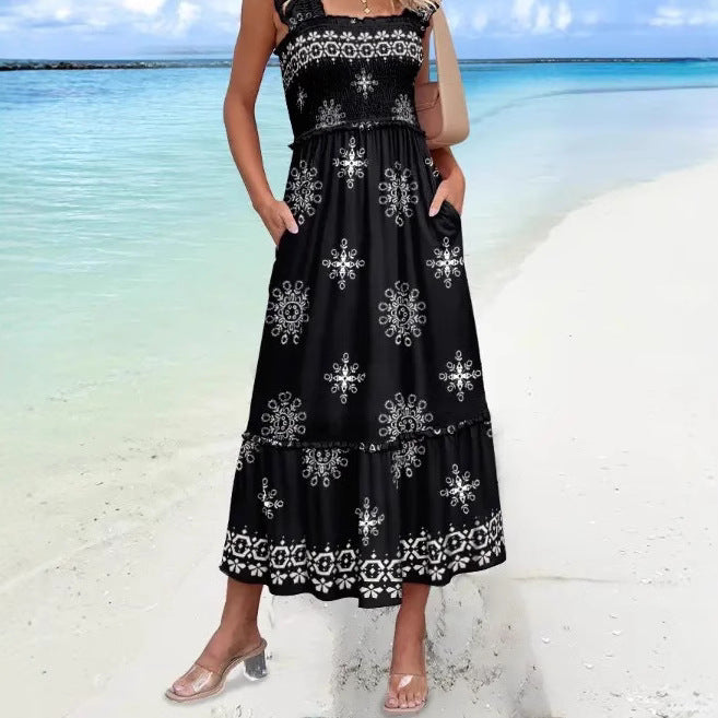 Boho Print Loose Fit Ruffle Sleeve Midi Dress