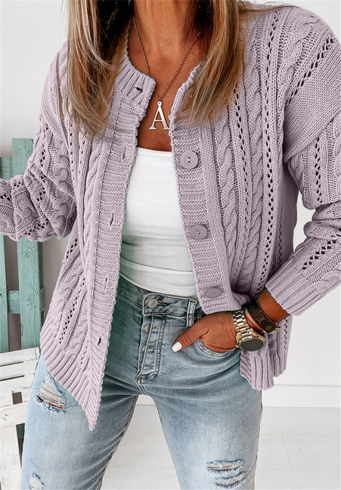 Women’s Cardigan – Wool Knit – Relaxed Fit – Cable Stitch – Button Front Layer