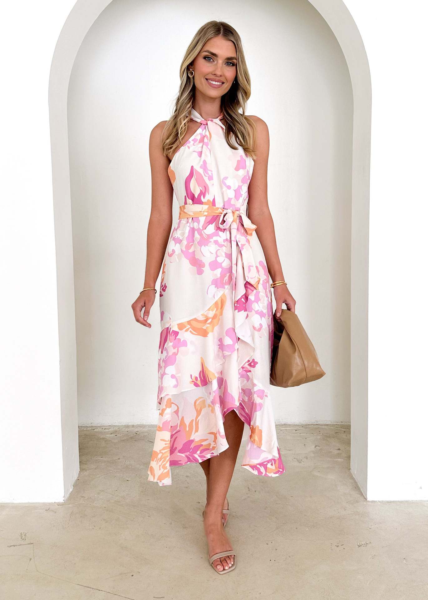 Women’s Midi Dress – Slim Fit – Halter Neck – Floral Print – Waist Tie – Side Slit