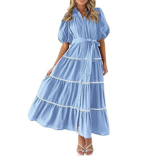 Women's Maxi Dress - Buttoned Tiered Style - Puff Sleeves - Waist Tie
