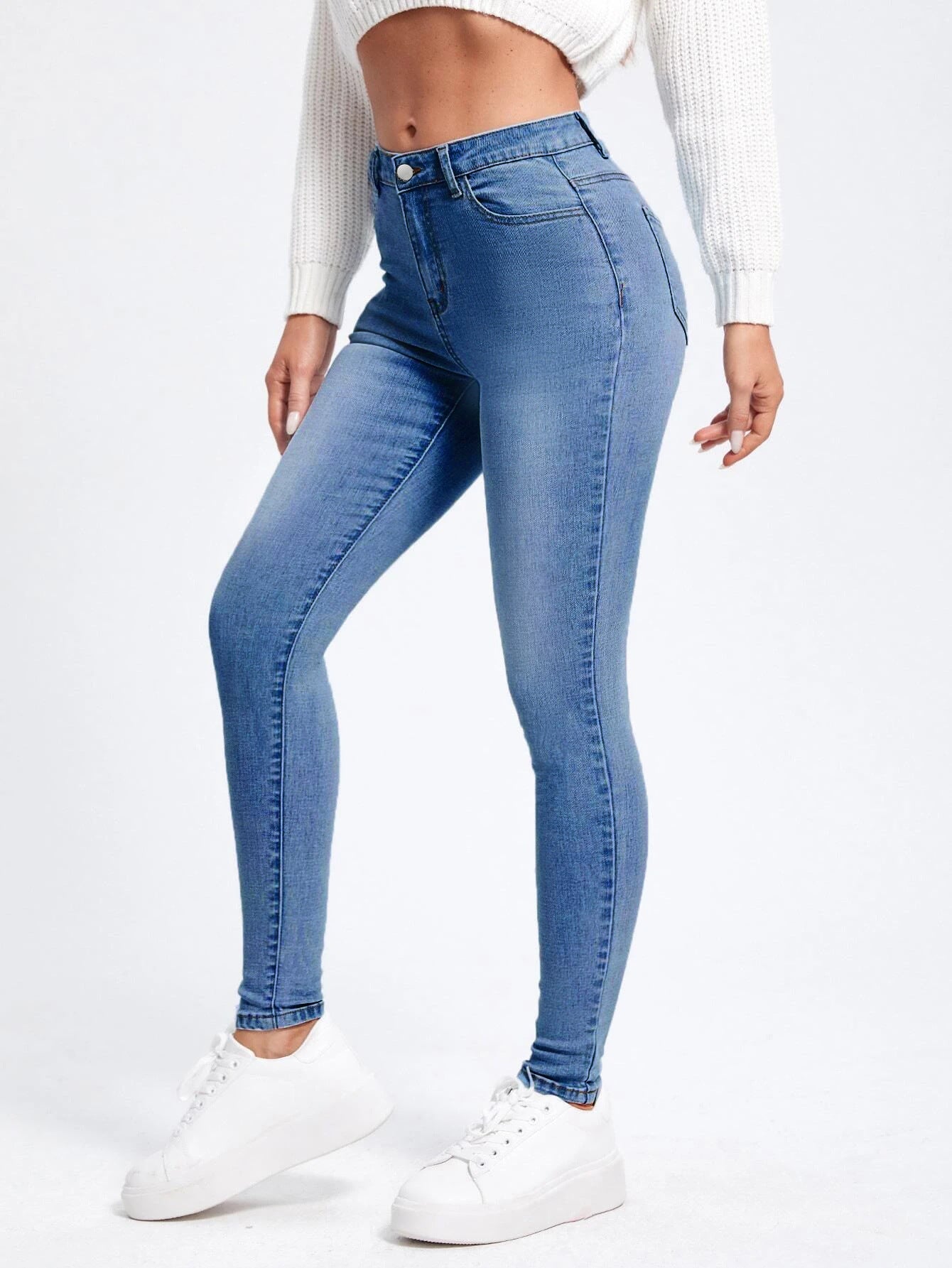 Women's Skinny Jeans - High Waist - Stretch Denim - Full Length - Slim Fit