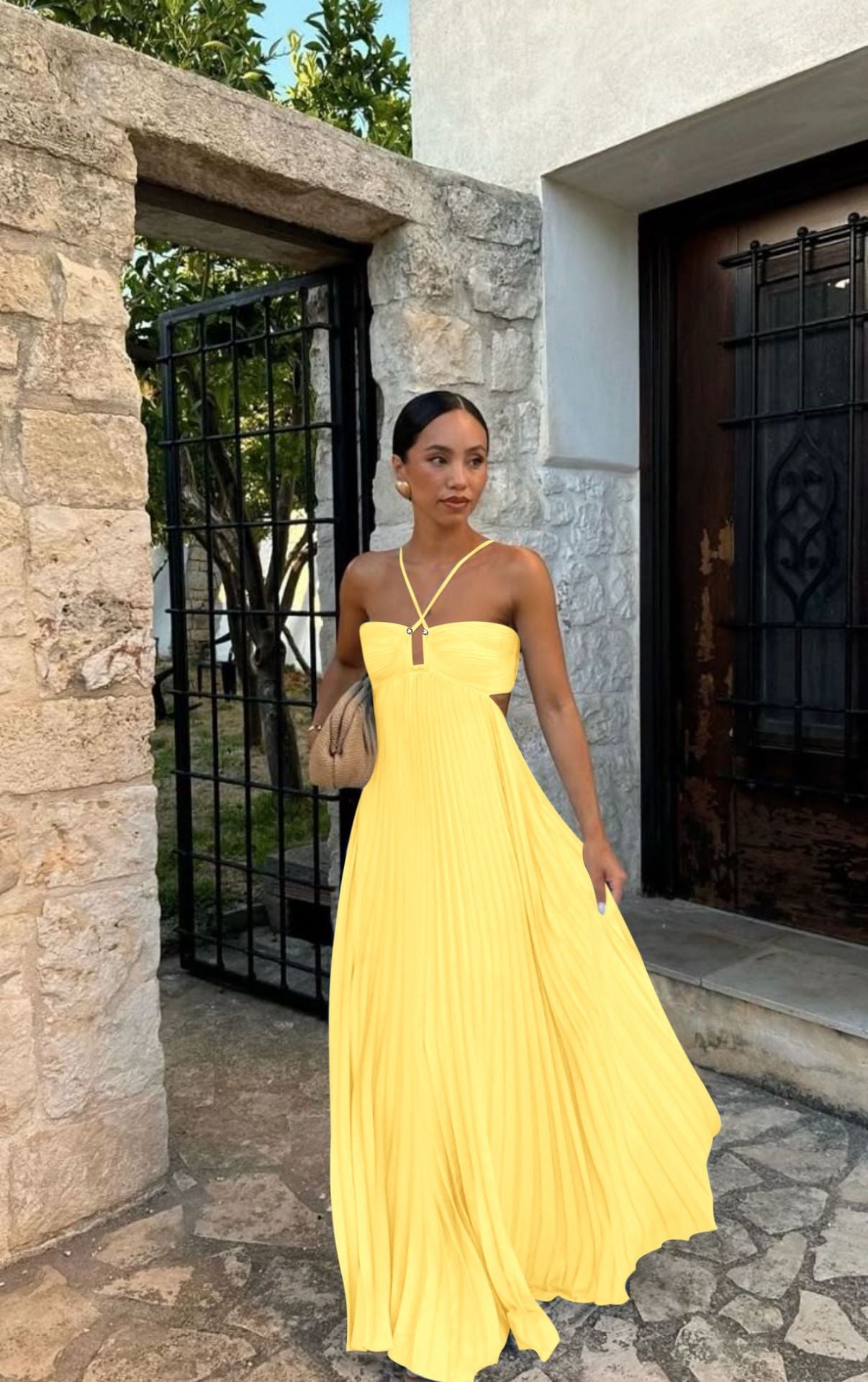 Women’s Maxi Dress – Chiffon Pleated Skirt – Strappy Bustier Top – Sweetheart Neckline