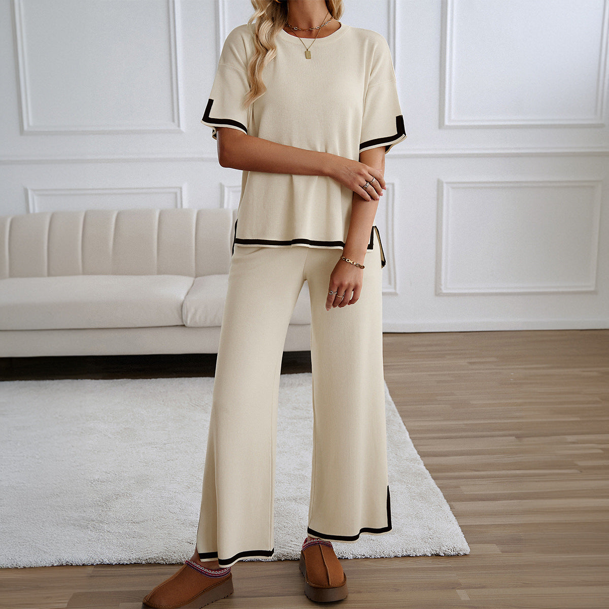 Women’s Two-Piece Knit Set – Relaxed Fit Crew Neck Top – Wide Leg Pants with Stripes
