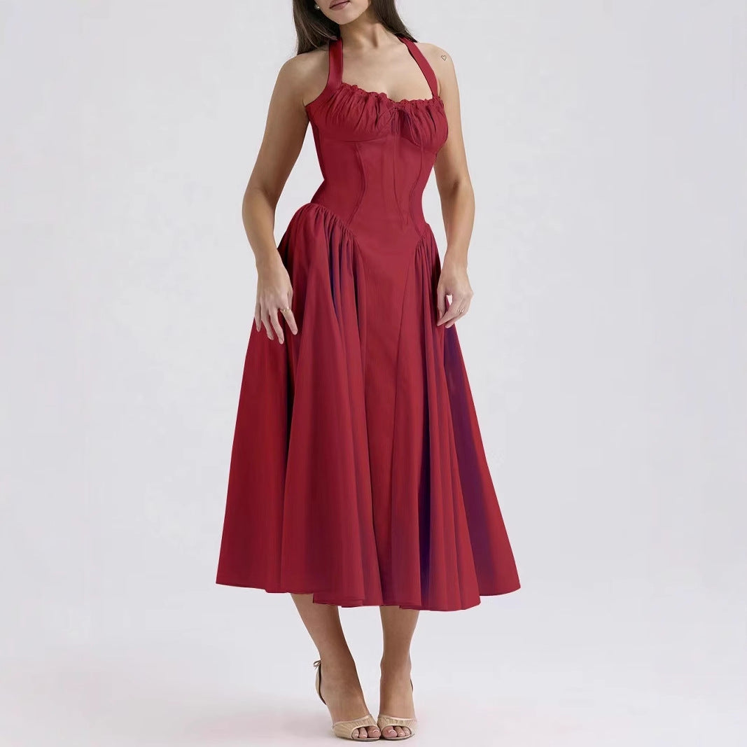 Women’s Halter Neck Dress – Slim Fit – Midi A-Line – Backless – Gathered Bodice