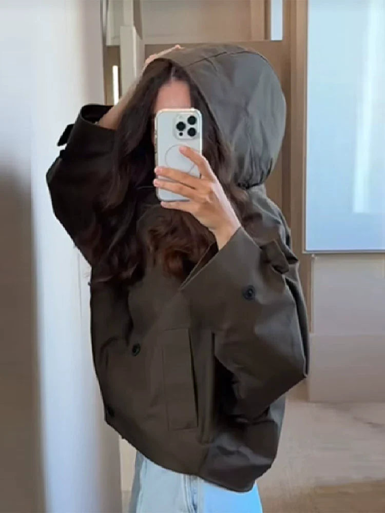 Women’s Jacket – Oversized Fit – Cropped Length – Cotton Blend – Button Front – Patch Pockets