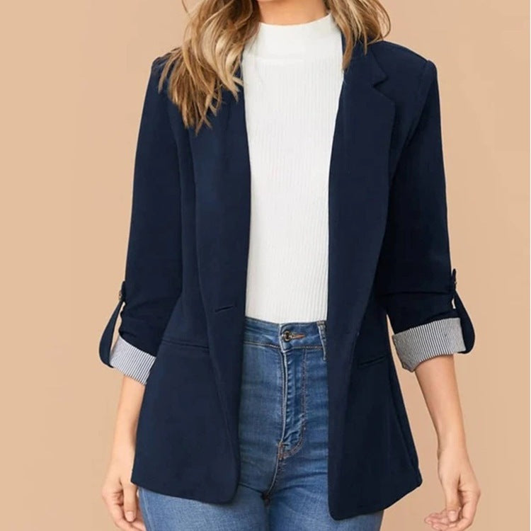 Women's Tailored Blazer - Notched Lapel - Three-Quarter Roll-Tab Sleeves - Open Front