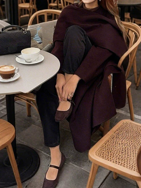 Women’s Long Coat – Wool Blend – Relaxed Fit – Belted Waist – Integrated Scarf