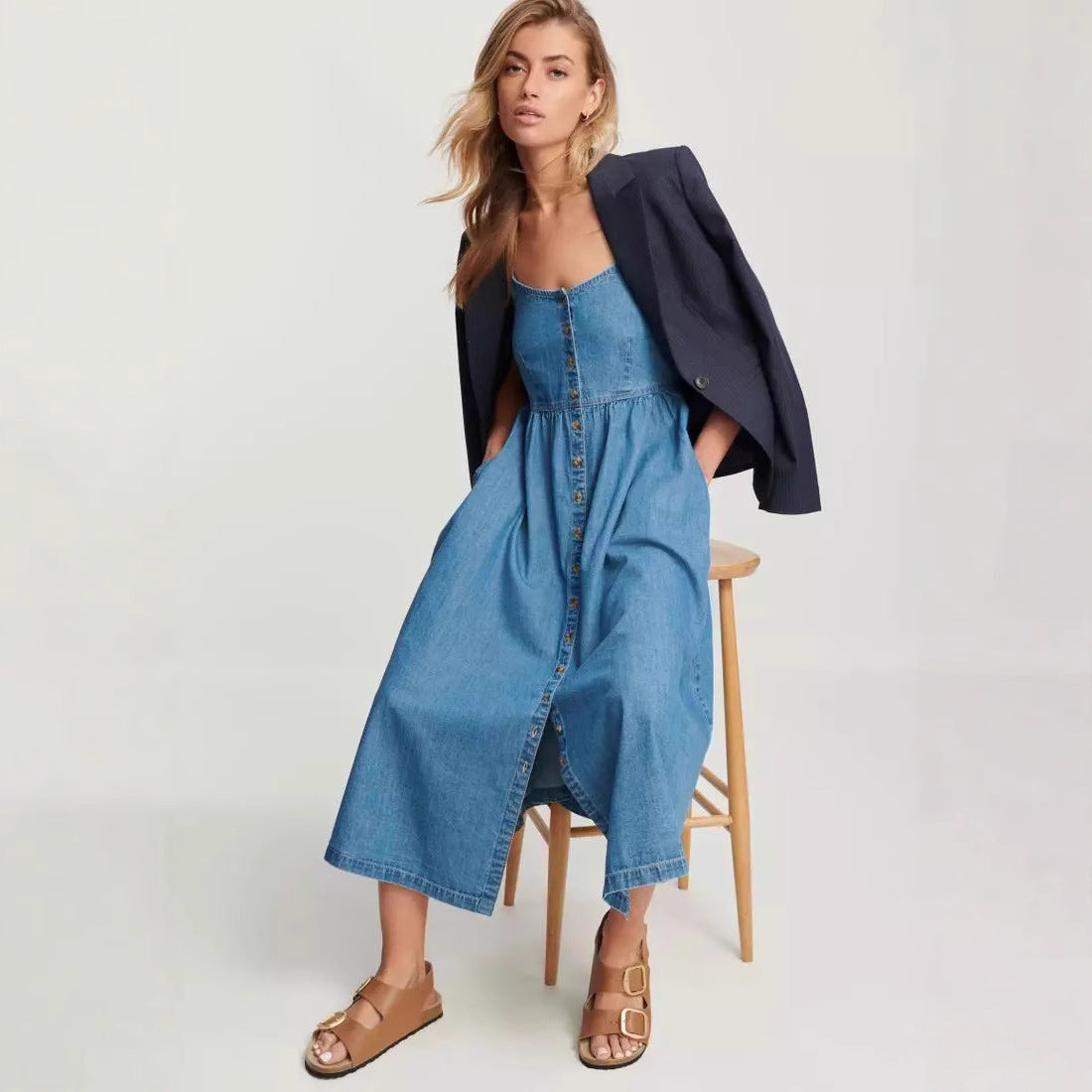 A-Line Denim Button Front Midi Dress