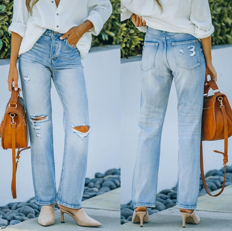 Solene - blue high waist distressed straight jeans