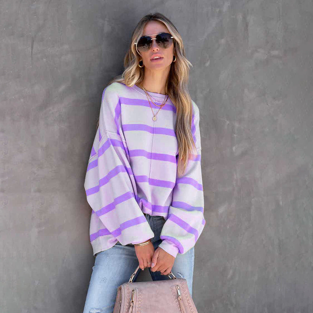 Women’s Oversized Sweatshirt - Crew Neck - Striped - Dropped Shoulder - Ribbed Cuffs