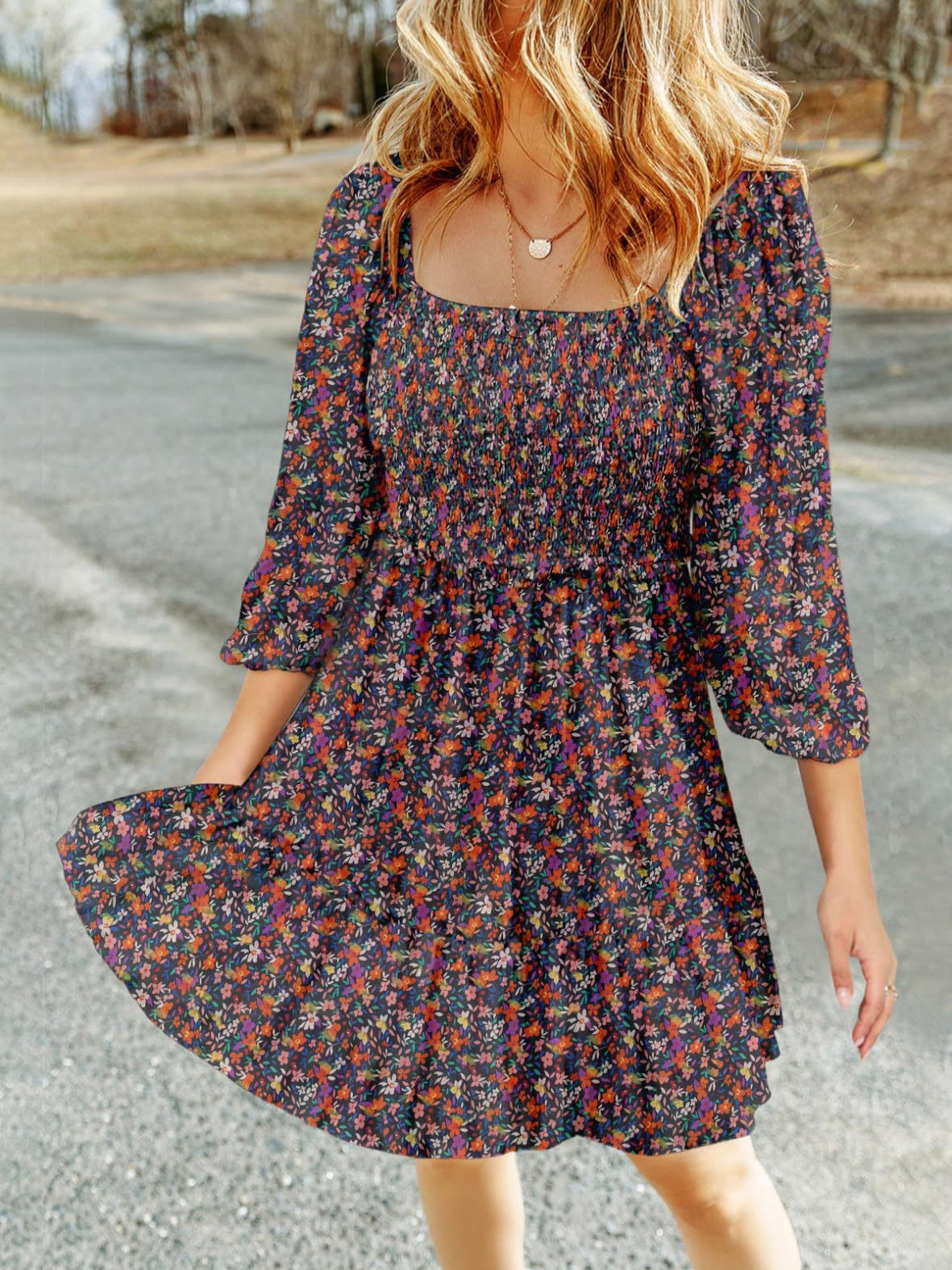 Women’s A-Line Dress – Shirred Bodice – Puff Sleeve – Floral Print – Lightweight Fit