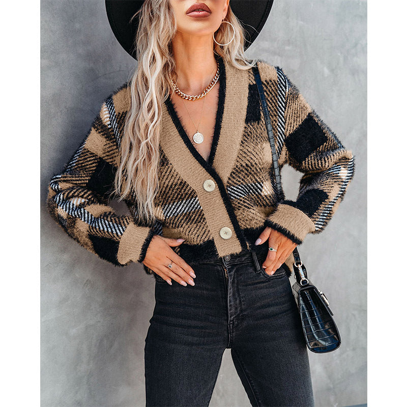 Women’s Cardigan – V-Neck Button Front – Long Sleeve Knit – Geometric Plaid Pattern