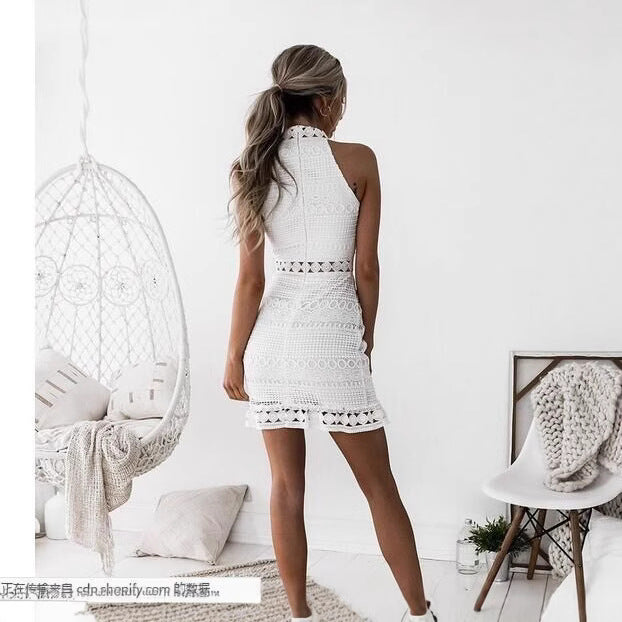 Women’s Crochet Lace Mini Dress – High Neck – Sleeveless – White Summer Dress