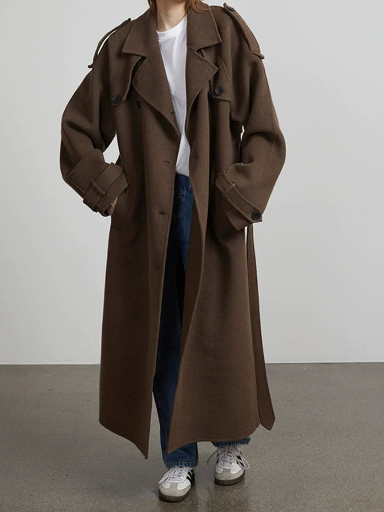 Women’s Long Coat – Wool Blend – Oversized Fit – Double-Breasted – Belted Trench