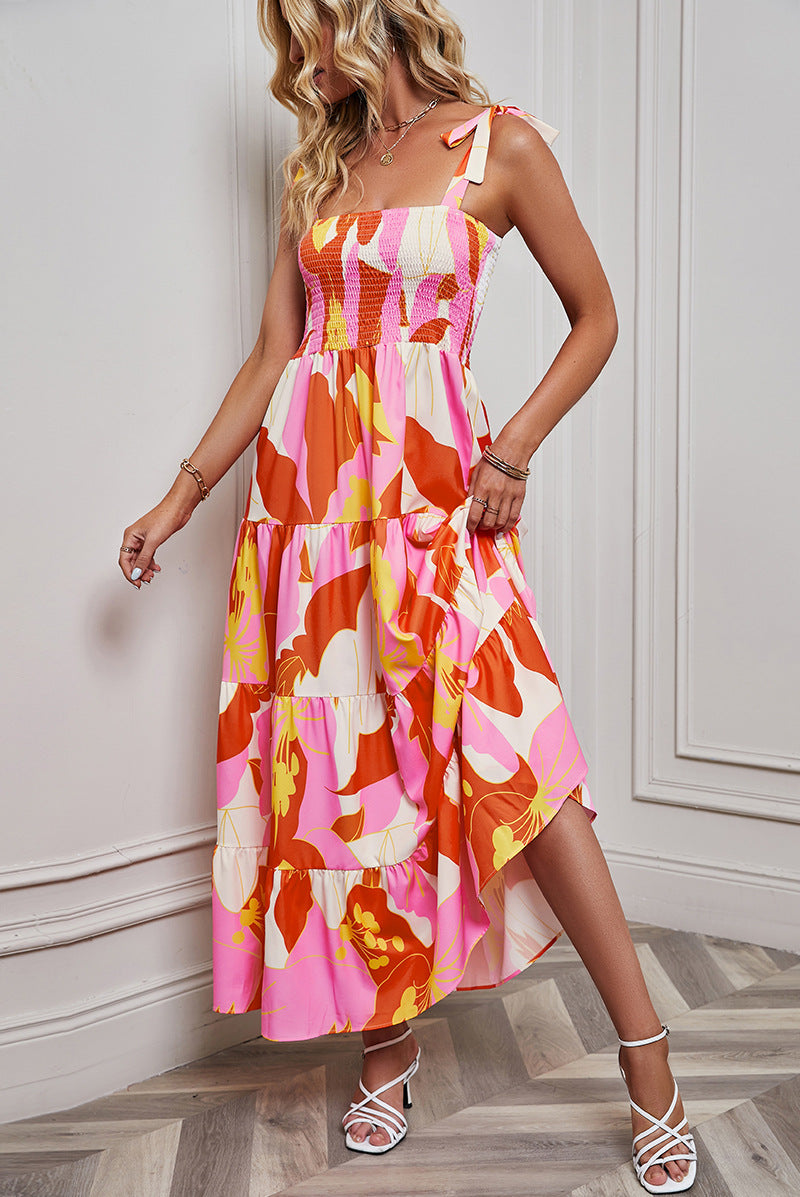 Women’s Maxi Dress – Smocked Bodice – Adjustable Tie Straps – Tiered A-Line – Backless