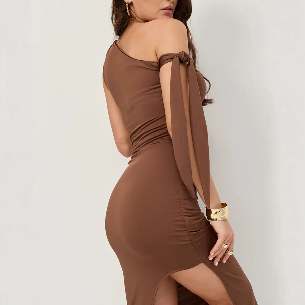 Women’s Off-Shoulder Dress – Slim Fit – Stretch Jersey – Ruched – Asymmetrical Tie Shoulder