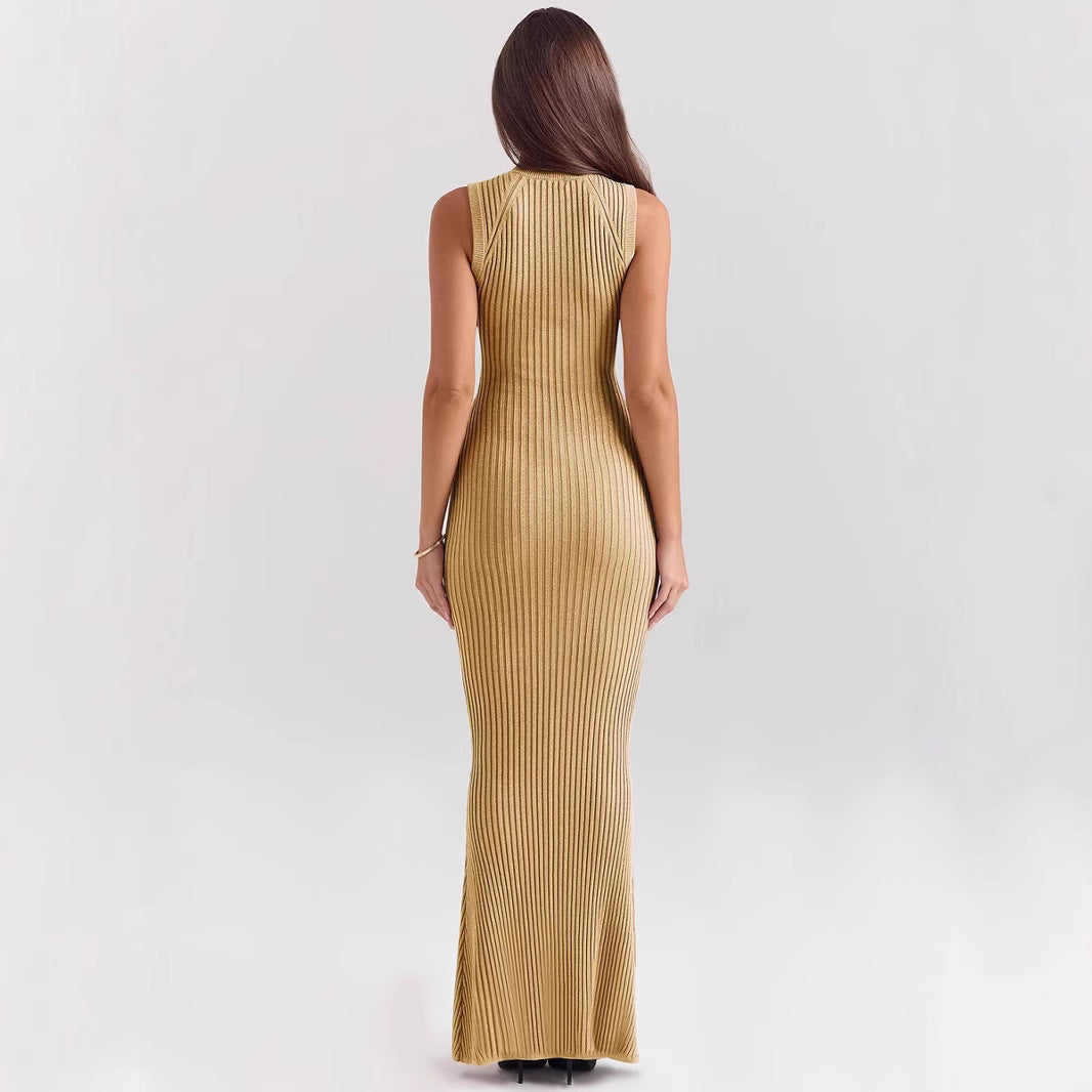 Women’s Knit Dress – Sleeveless Turtleneck – Ribbed Form-Fitting – Mermaid Hem