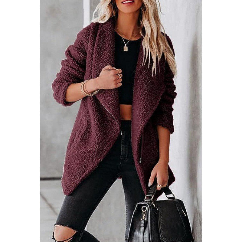 Women’s Fleece Jacket – Oversized Fit – Full Zip – Textured Grain – Hip Length Casual