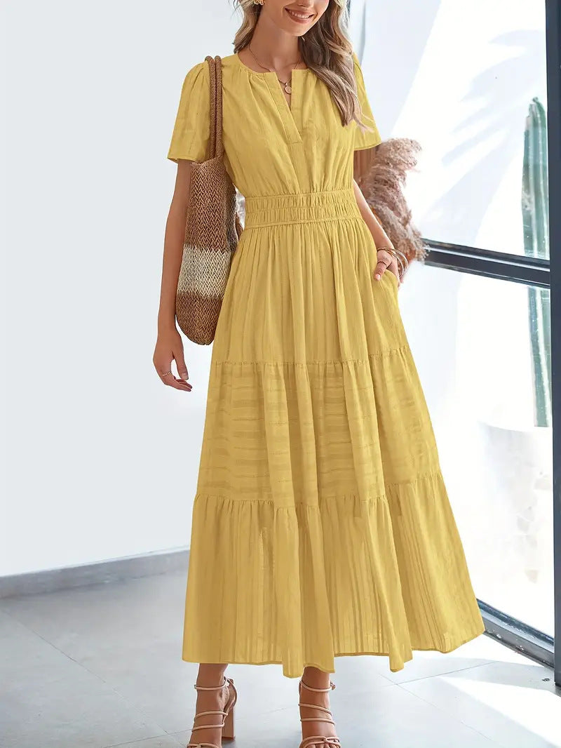 Women’s Maxi Dress – V-Neck – Puff Sleeve – Ruched Waist – Soft A-Line Fit