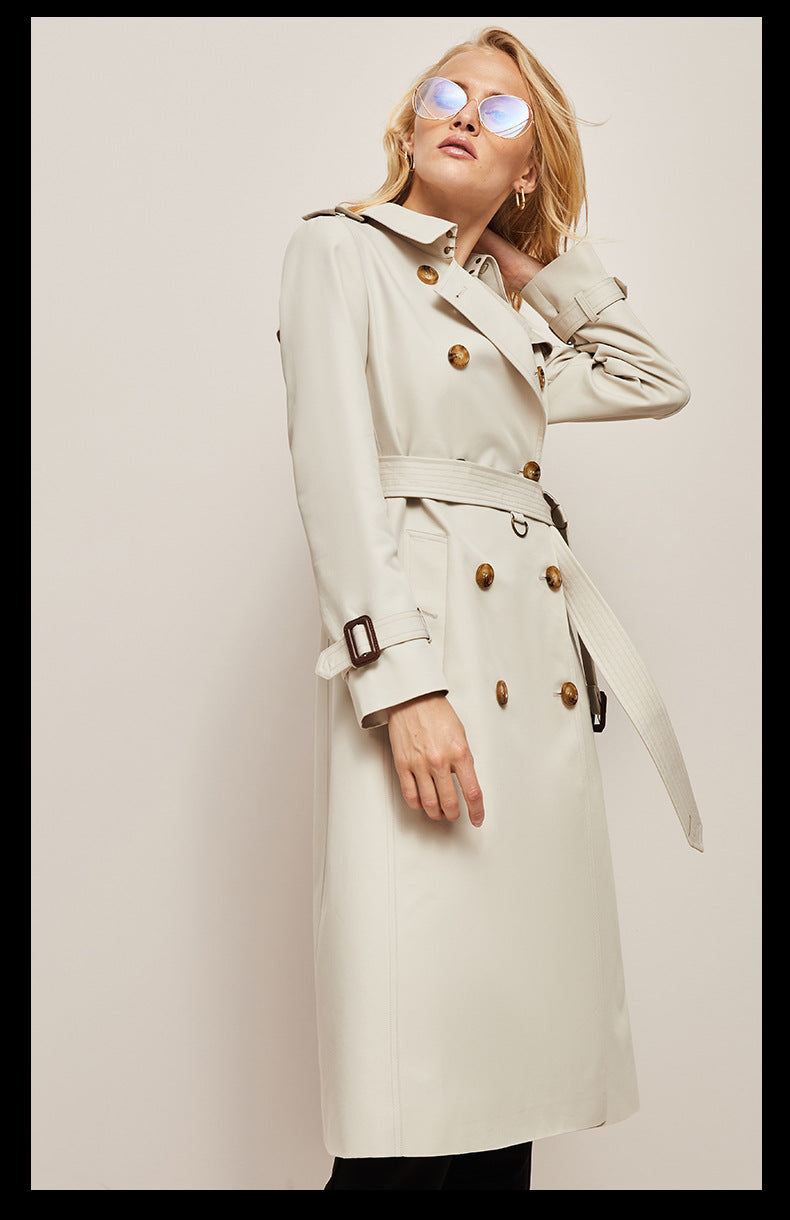 Women's waist-cinched windbreaker trench coat