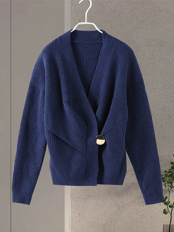 Women’s Sweater Top – Ribbed Knit – Wrap Style – V-Neck – Long Sleeve – Asymmetrical Hem