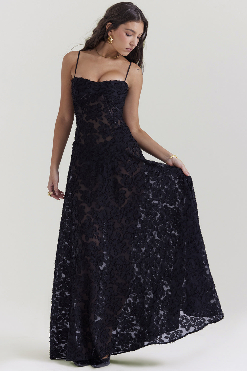 Women’s Midi Dress – Silky Fabric – Slim Fit Bodice – Spaghetti Straps – Flowing Skirt