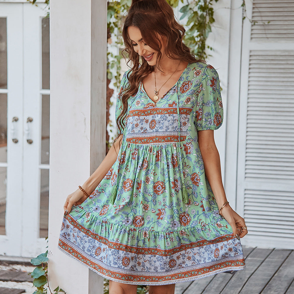 Women’s A-Line Mini Dress – 100% Cotton – V-Neck Tie – Puff Sleeve – Floral Tiered
