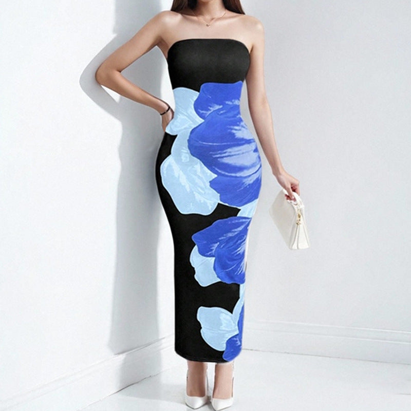 Women’s Strapless Dress – Slim Fit – Satin Feel – Floral Print – Full Length Formal Wear