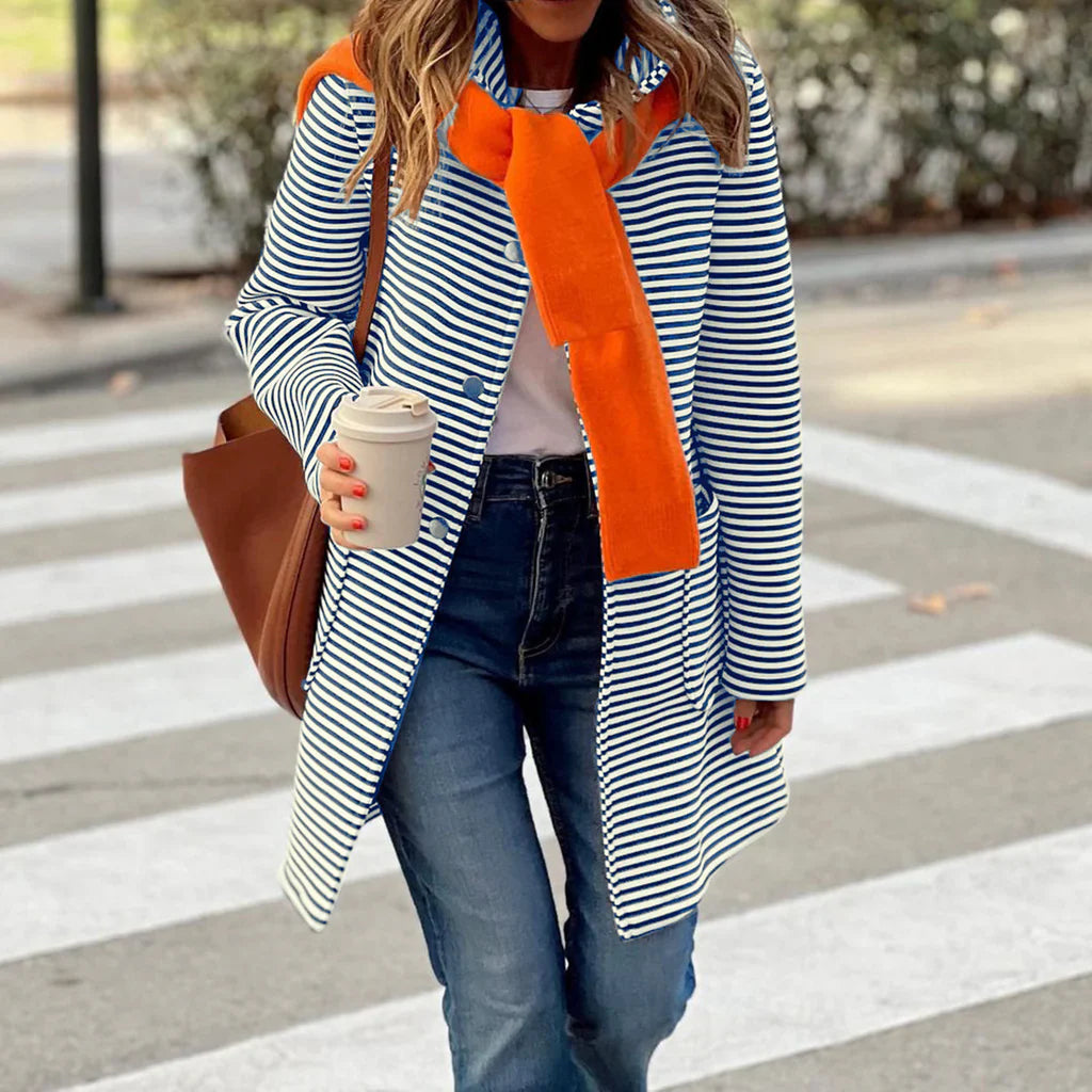 Women’s Trench Coat – Relaxed Fit – Double-Breasted – Striped Woven Mid-Thigh Length