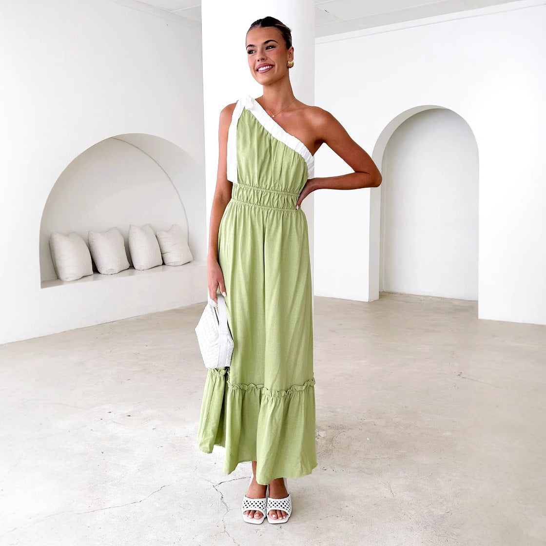 Women’s One-Shoulder Midi Dress – Cotton Blend – A-Line Fit – Ruffle Tiered Skirt