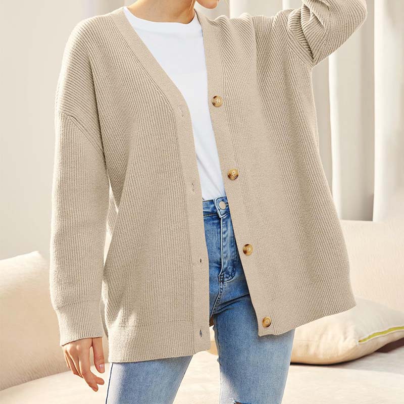 Women's versatile button V-neck solid color knit cardigan