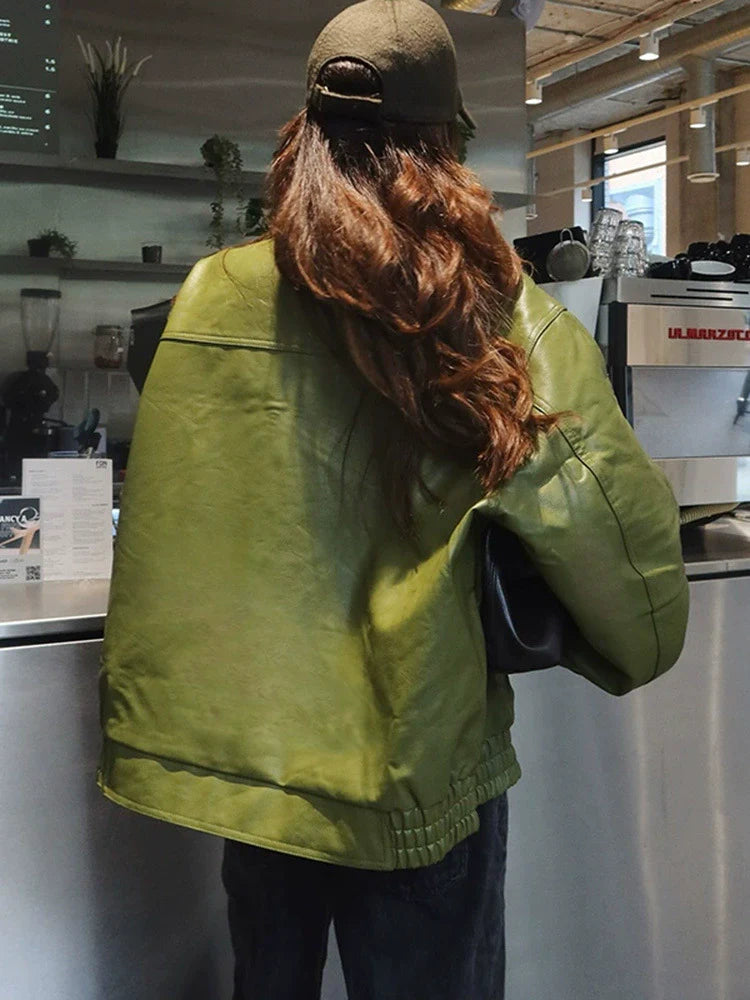Women’s Bomber Jacket – Faux Leather – Relaxed Fit – Lapel Collar – Snap Front Closure