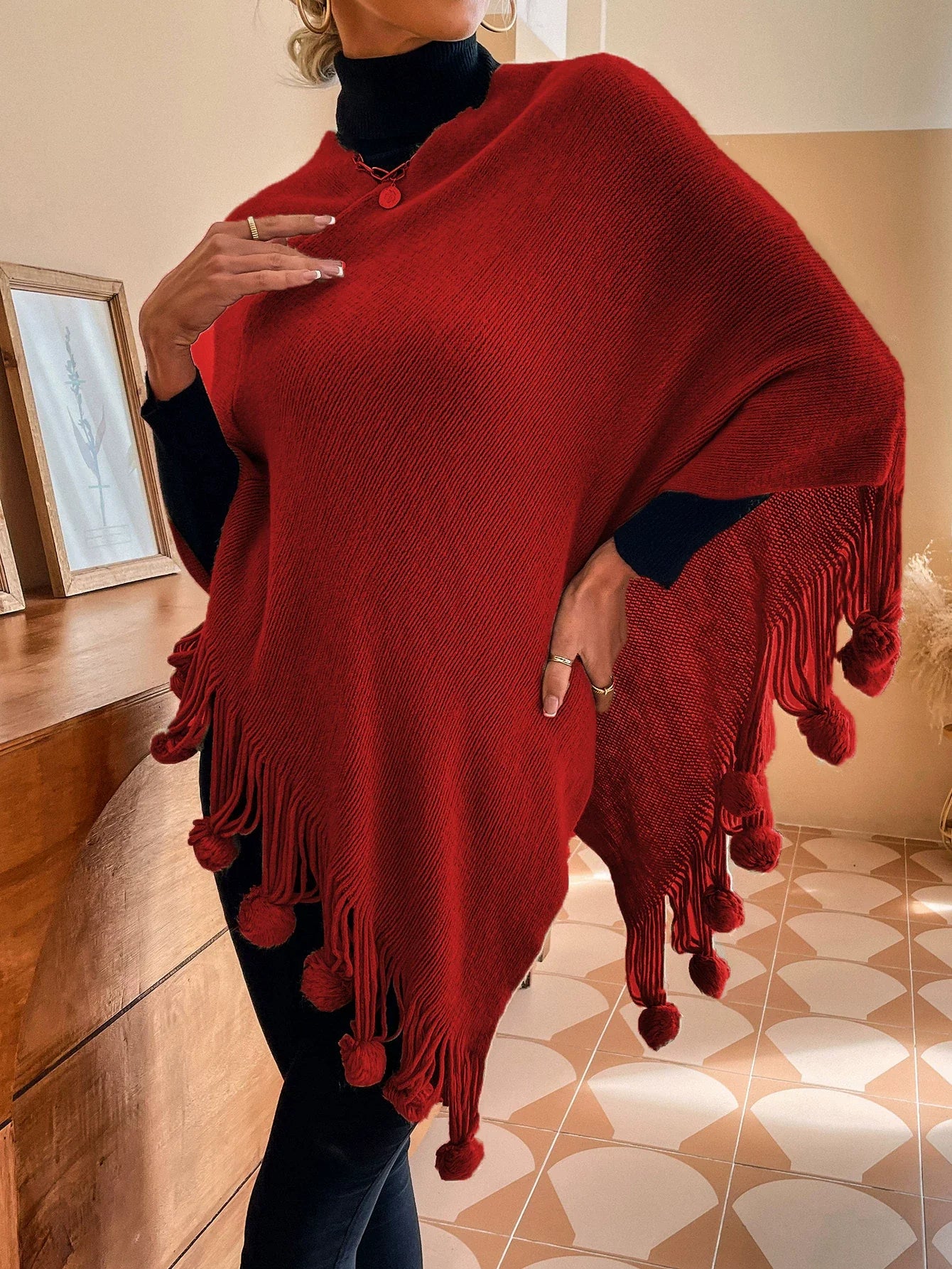 Women’s Shawl Sweater Cape – Knitted – Relaxed Fit – Tassel Fringe with Fur Pom-Poms