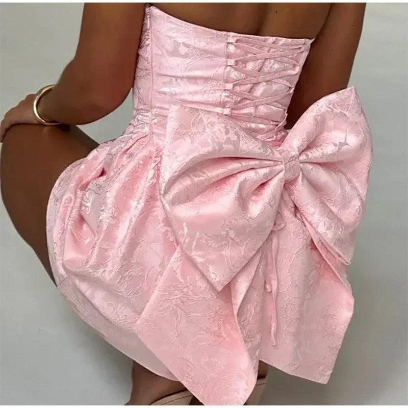Women’s Mini Dress – Strapless Sweetheart Neck – Jacquard – Back Bow – Slim Fit