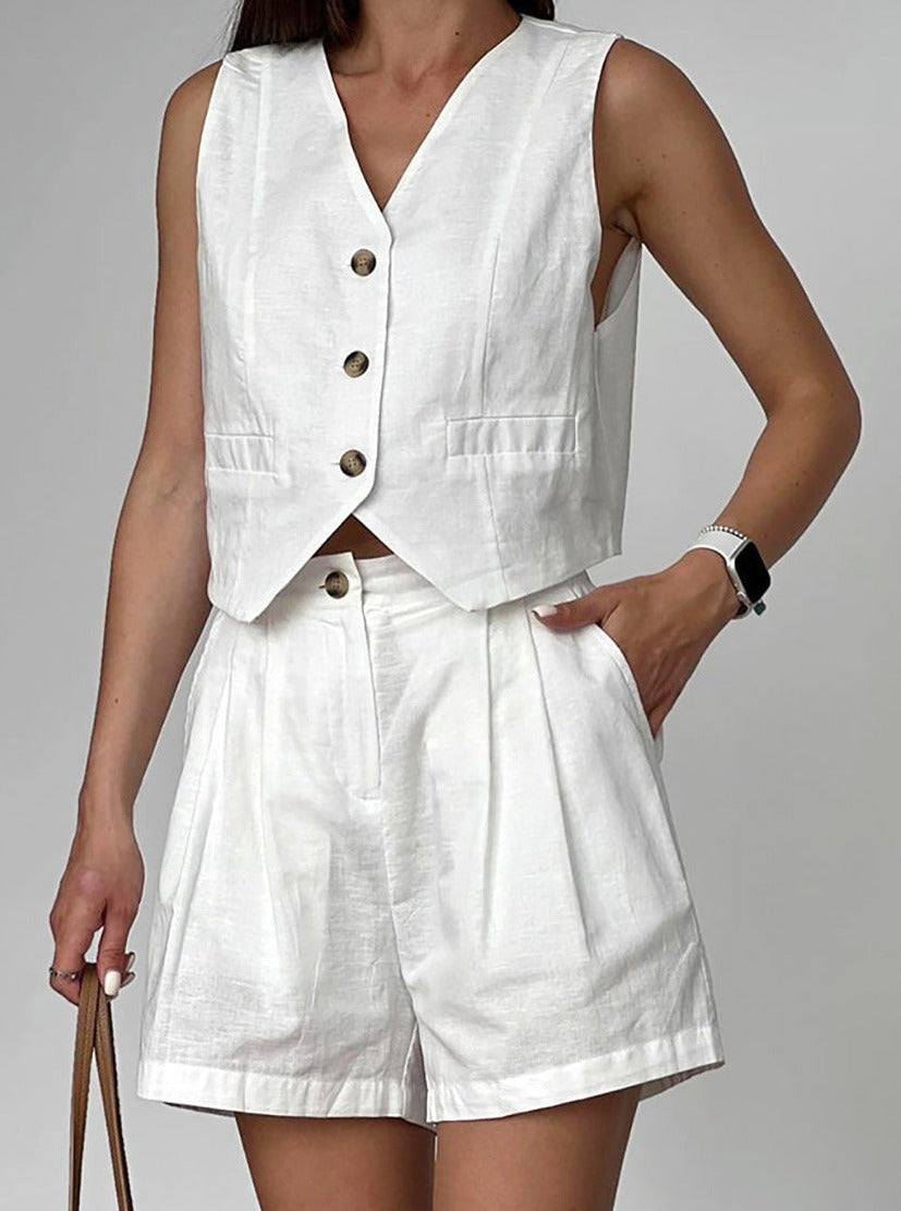 Women's Sleeveless 2-Piece Set - Button-Up V-Neck - Lightweight Tailored Fit