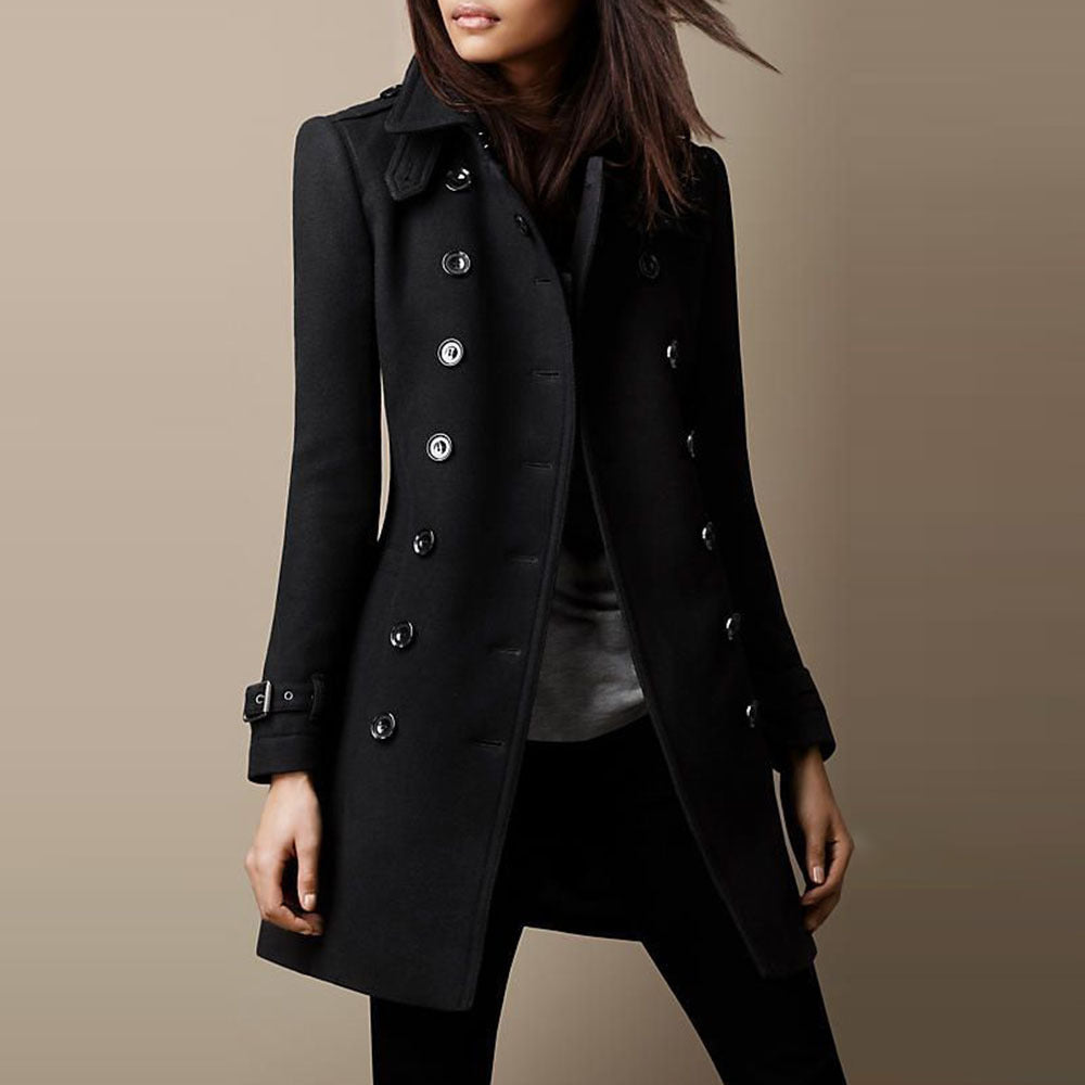 Women's Trench Coat - Double-Breasted - Tailored Fit - Mid-Thigh Length - Elegant Design