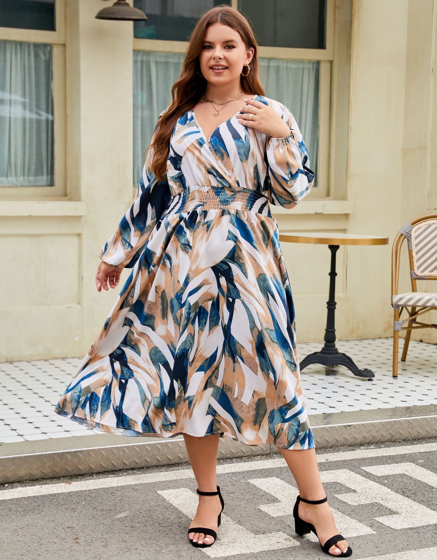 Women's V-Neck Long Sleeve Midi Dress