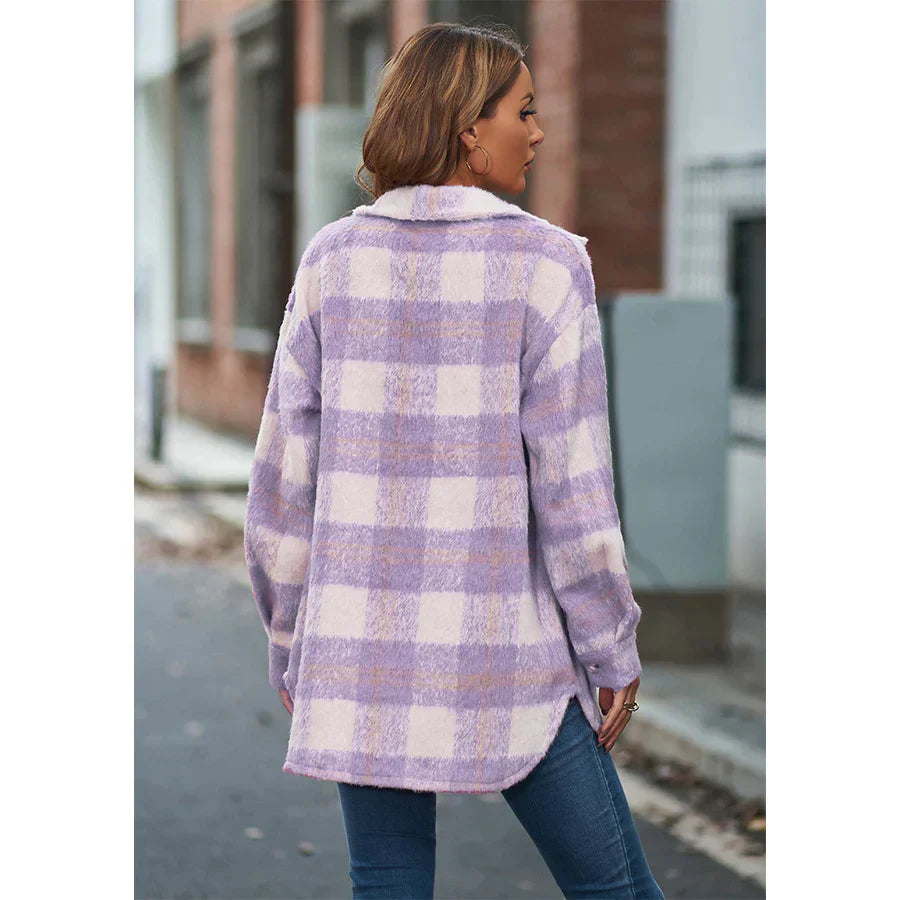 Plaid Mohair Blend Long Sleeve Coat