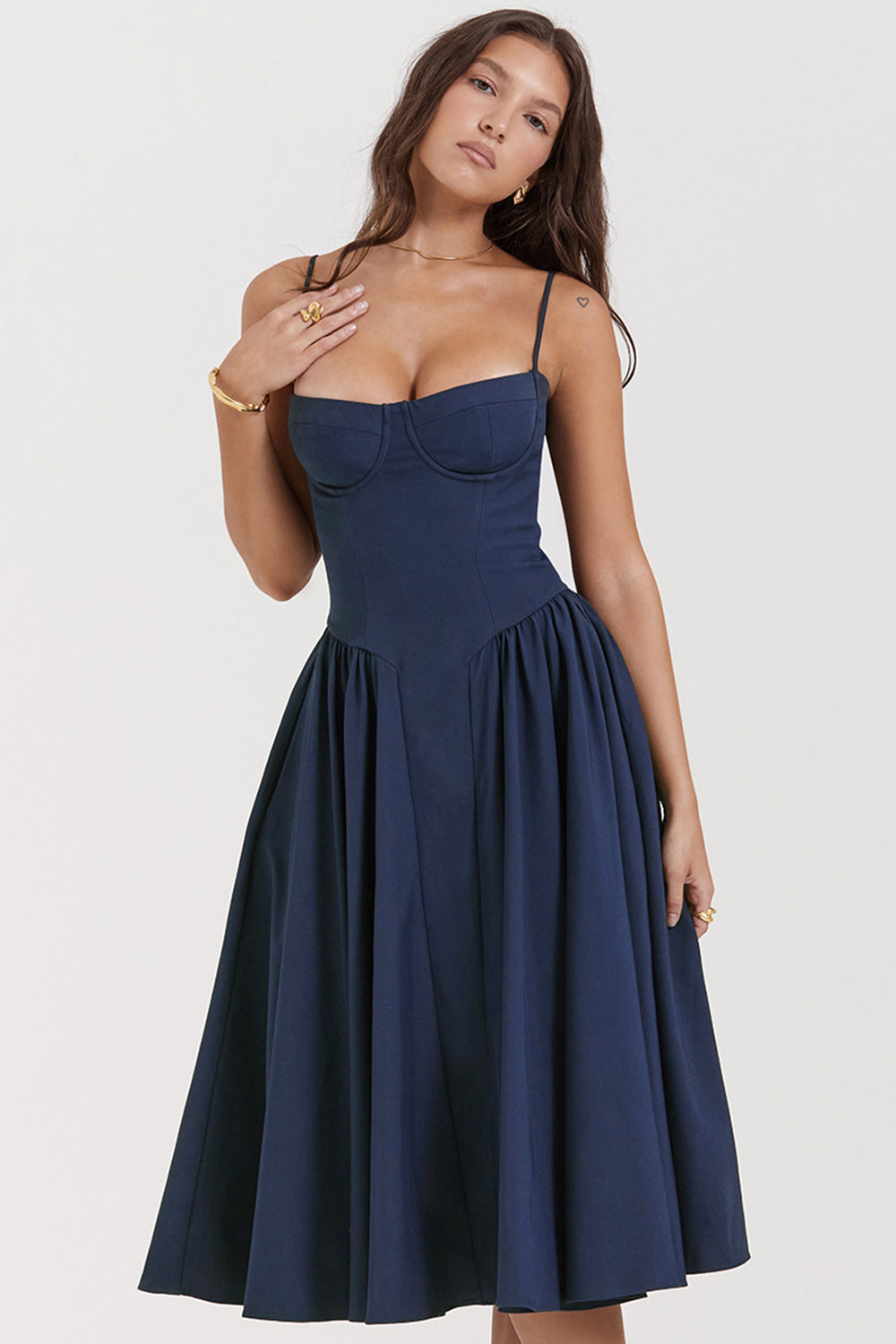 Fitted Pleated Flared Midi Dress