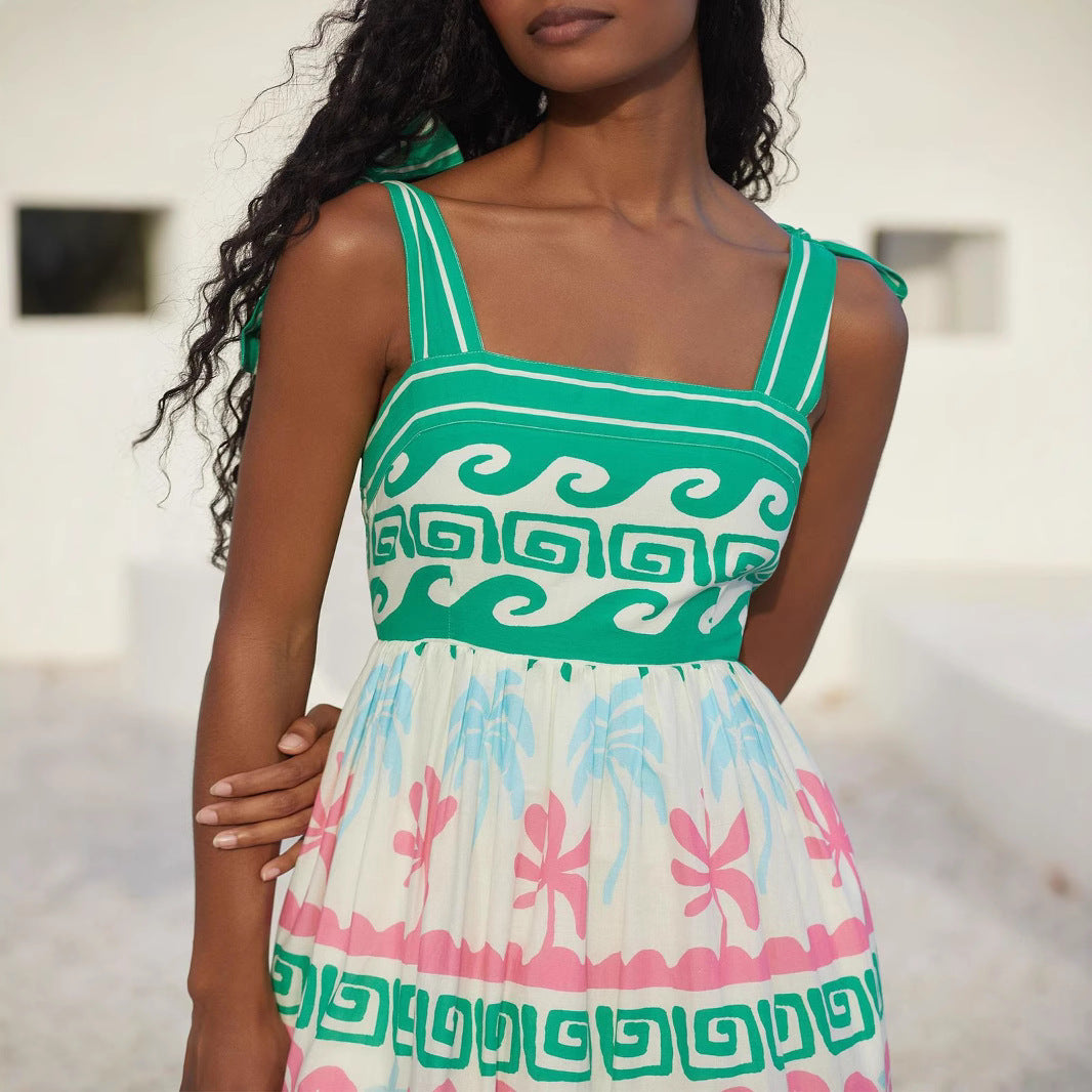Women’s Maxi Dress – Cotton Blend – A-Line Fit – Tiered Floral Geometric Print – Pockets