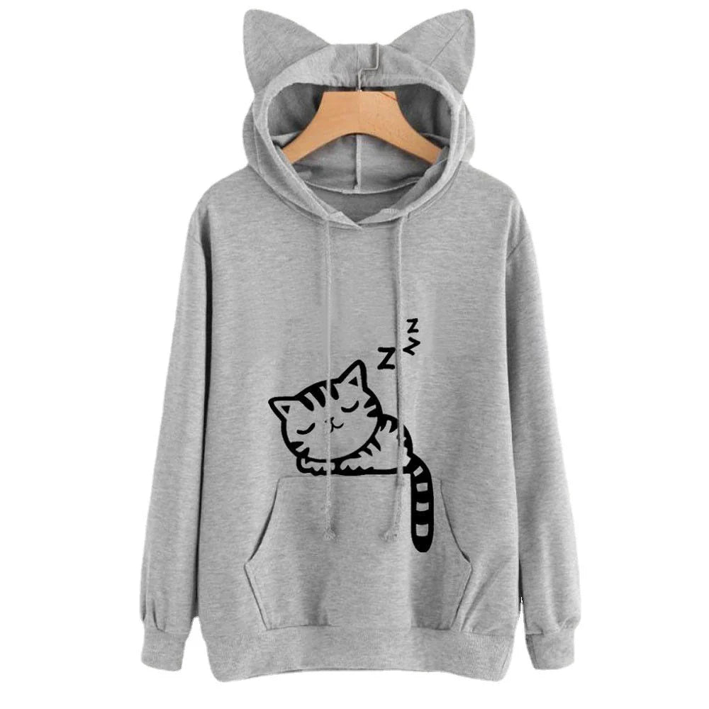 Women’s Hooded Sweatshirt – Loose Fit – Plush Feel – Cat Ears – Kangaroo Pocket