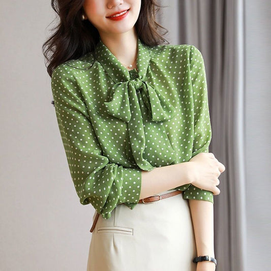 Polka Dot - Long Sleeve - Bow Tie Neck Blouse