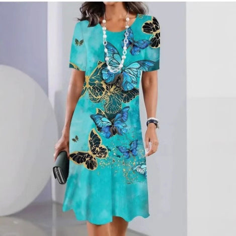 Women’s Dress – Relaxed Fit – Knee Length – Short Sleeve – Round Neck – Printed Pattern
