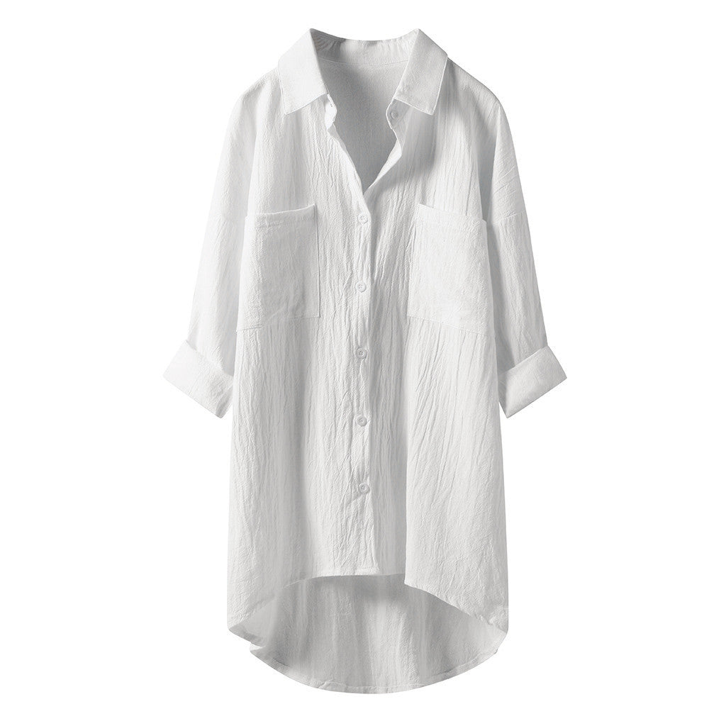 Women's Oversized Button-Up Shirt - Long Sleeve - High-Low Hem - Relaxed Fit - Front Pockets