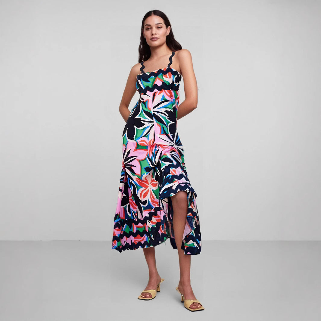 Women’s Long Dress – Floral Print – Flowing Fit – Satin-Like Fabric – Wavy Trim
