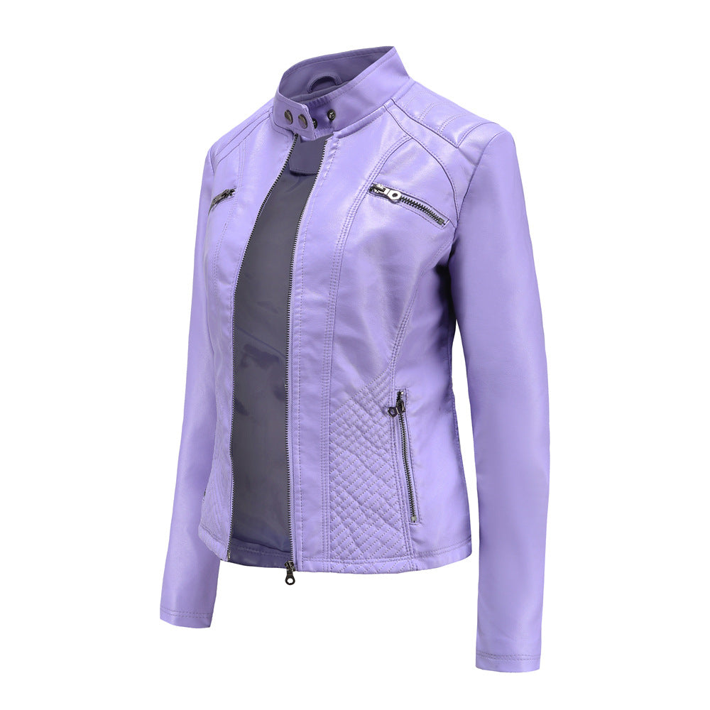 Women's casual faux leather stand-up collar jacket