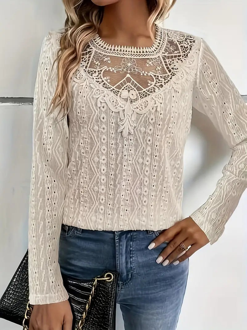 Women’s Long Sleeve T-Shirt – Slim Fit – Lace Neckline – Hollow Detail – Breathable Blend