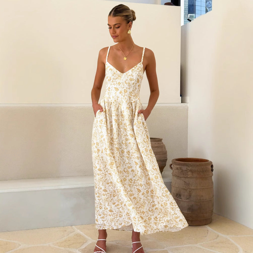 Women’s Maxi Dress – V-Neck Sleeveless – Floral Print – Flared Skirt – Back Bow Tie