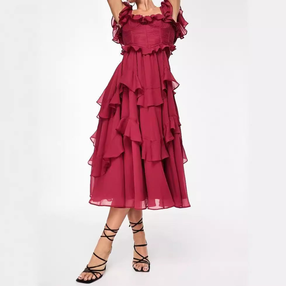 Women's Off-Shoulder Midi Dress - Tiered Ruffle Skirt - Elegant Flowing Fit